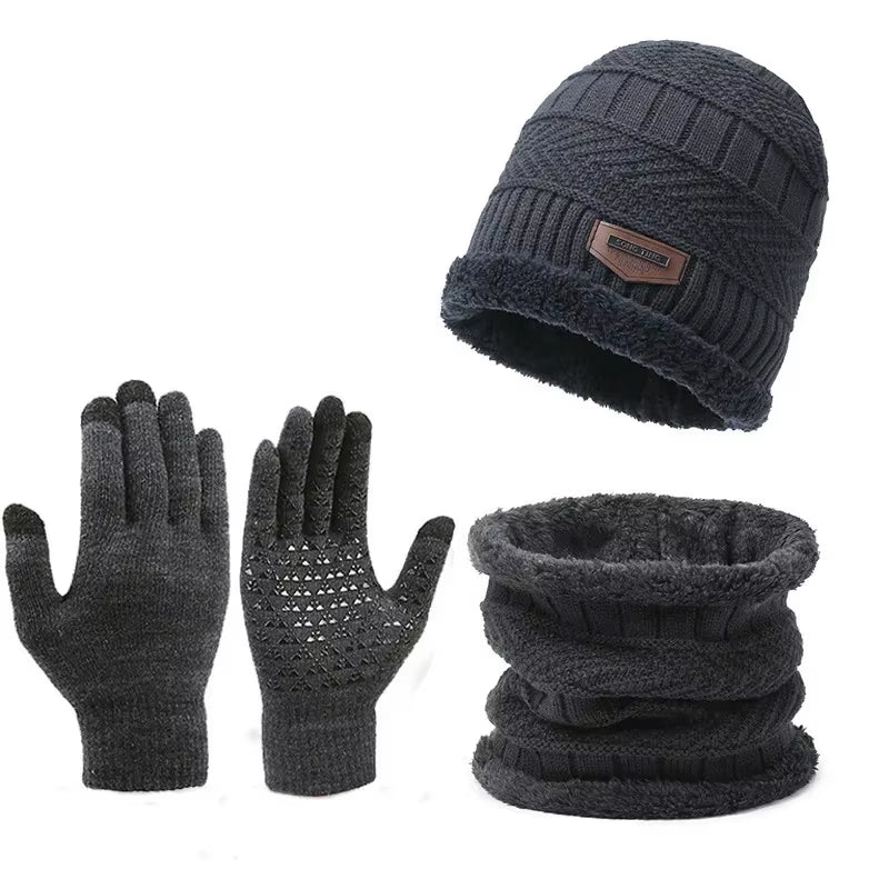 Autumn Winter Knit Beanie Hat Neck Warmer Scarf and Touch Screen Gloves Set Fleece Lined Skull Cap for Men Women Outdoor