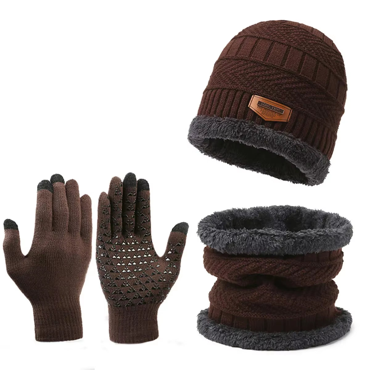 Autumn Winter Knit Beanie Hat Neck Warmer Scarf and Touch Screen Gloves Set Fleece Lined Skull Cap for Men Women Outdoor