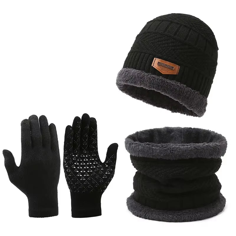 Autumn Winter Knit Beanie Hat Neck Warmer Scarf and Touch Screen Gloves Set Fleece Lined Skull Cap for Men Women Outdoor